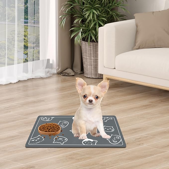 Pet Feeding Mat, Absorbent Dog Mat, Quick Dry Pet Food Mat Cat Feeding Mat Pet, Quick Dry Water Dispenser Mat Pet Supplies for Dog and Cat (Gray, (12"x19"))
