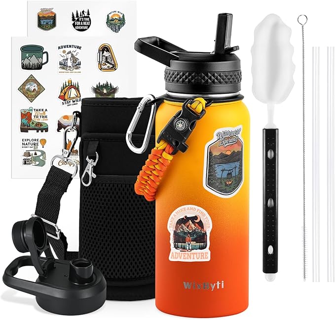 32 oz Insulated Water Bottle with Straw (Cold for 48 Hrs), Stainless Steel Triple Wall Vacuum Sports Water Jug, Leakproof Hydro Cup Flask with Paracord Handle & Straw Spout Lids & DIY Stickers