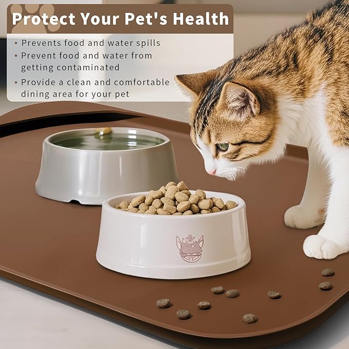 Silicone Pet Food Mat with Raised Edge for Food and Water Bowl, Dog Feeding Mats, Cat Food Trays for Floor Waterproof, Rubber Tray for Dogs and Cats, 24 x 16 x 0.8 Brown