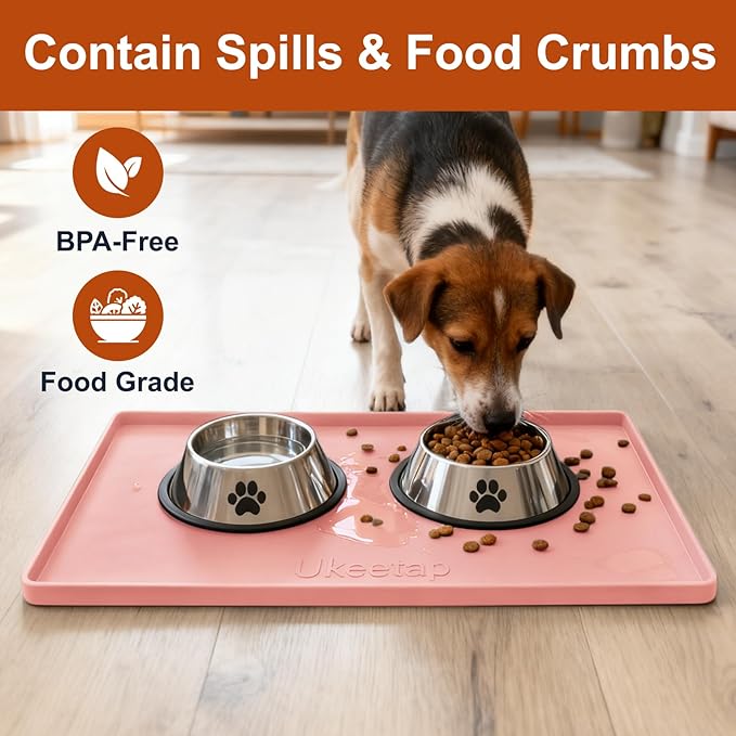 19” x 12” Extra Thick Waterproof Silicone Mat with Raised Edge, BPA Free Non-Slip Dog & Cat Food Mat, Feeding Mat for Food and Water Bowls, Spill Proof Mat to Protect Floors, Pink