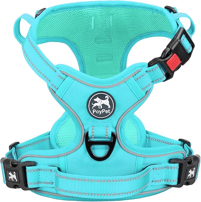 PoyPet No Pull Dog Harness, No Choke Reflective Dog Vest, Adjustable Pet Harnesses with Easy Control Padded Handle for Small Medium Large Dogs(Mint Blue Matching Trim,L)
