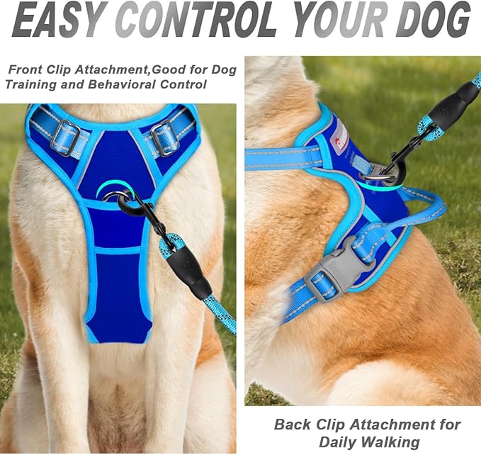 BARKBAY No Pull Dog Harness Front Clip Heavy Duty Reflective Easy Control Handle for Large Dog Walking(Sapphire Blue & Blue,L)