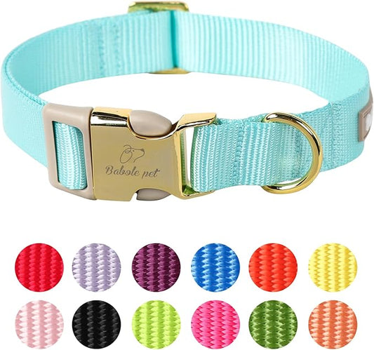 Nylon Dog Collar - Adjustable Lake Blue Soft Webbing Dog Collars for Small Medium Large Dogs Boy Girl Puppy Collar with Safety Metal Buckle L
