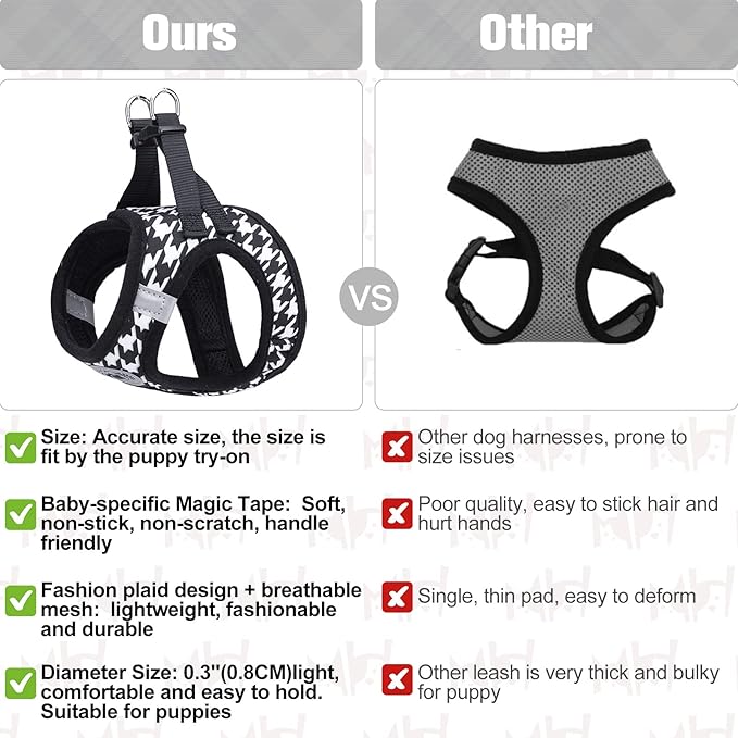 BEAUTYZOO Small Dog Harness and Leash Set,Step in No Choke No Pull Soft Mesh Dog Harnesses Reflective for Extra-Small/Small Medium Puppy Dogs and Cats, Plaid Dog Vest Harness for XS S Pets, Black XXS