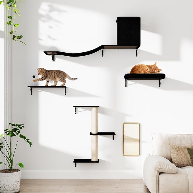 COZIWOW Cat Wall Shelves Set, 5-Piece Wall Mounted Cat Furniture with Cat Tree & Scratching Post, Floating Cat Perches for Indoor Cats（Grey）
