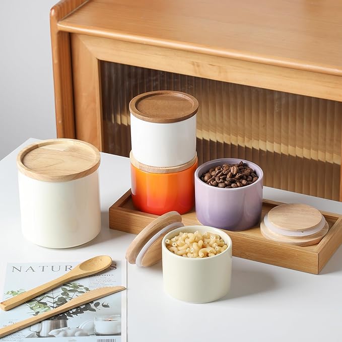 Sweejar Kitchen Canisters Ceramic Food Storage Jar, Stackable Containers with Airtight Seal Wooden Lid for Serving Ground Coffee, Tea, Sugar, Spice and More - 5 Fl Oz(White Acacia)