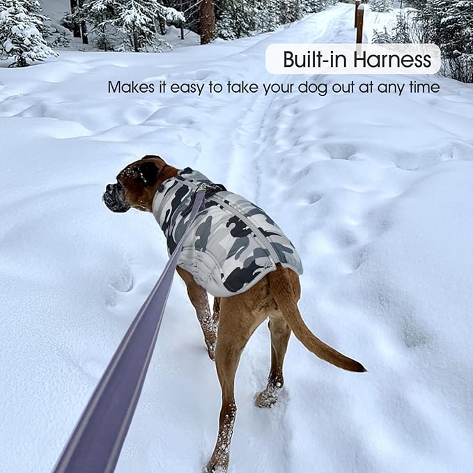 FUAMEY Dog Coat for Large Dogs,Waterproof Dog Winter Jacket with Harness Built in Puppy Cold Weather Coats Reflective Pet Vest with Zipper Warm Fleece Dogs Snowsuit Windproof Grey Camo XXL