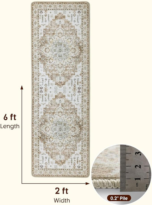 LBRO2M Boho Runner Rug 2X6 Hallway Rug Non Slip Washable Runners for Hallways, Bedroom, Kitchen Laundry Room Pet Friendly Area Rugs (2X6, Cream)
