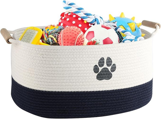 Geyecete Dog toy basket dog toy bin Woven Storage Baskets for Dog Cat Dog Toy Box Sturdy Reinforced Handles with Paw Print basket-Beige/Dark Blue