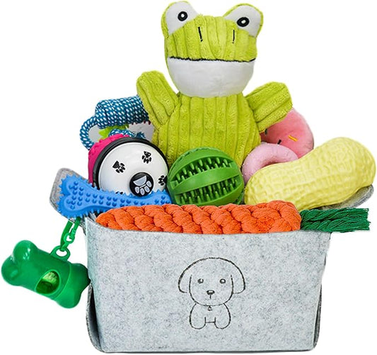 20Pcs Puppy Chew Toys for Teething, Dog Chew Toys with Rope Toys, Pet Dog Toothbrush, Treat Balls, Plush Toys and Squeaky Toy for Small Medium Dogs with Basket