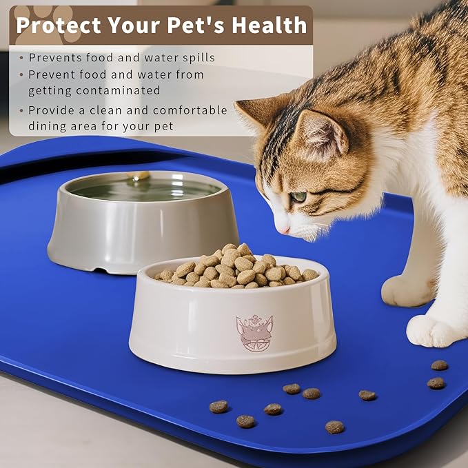 Silicone Pet Food Mat with Raised Edge for Food and Water Bowl, Dog Feeding Mats, Cat Food Trays for Floor Waterproof, Rubber Tray for Dogs and Cats, 24 x 16 x 0.8 Beige
