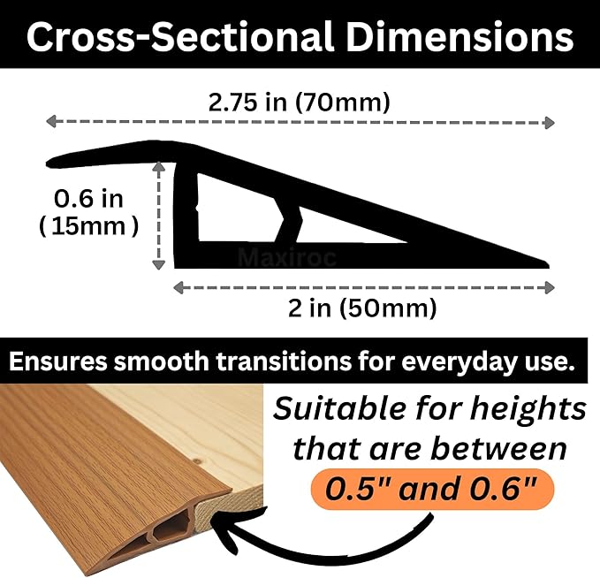 1/2" to 3/5" Height Threshold Ramp - Rubber Threshold, Floor Transition Strip, Door Strip, Wheelchair Ramp, Carpet to Tile Strip (Light Brown Coffee, 80 inches)