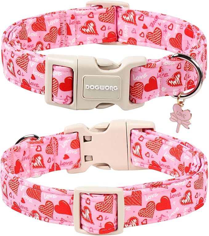 DOGWONG Valentine's Dog Collar - Pink Heart Adjustable Cotton Heart Dog Collar - Cute Dog Collars Perfect for Small Dogs