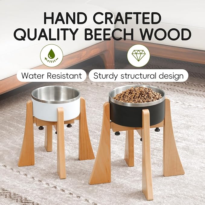 Beech Dog Bowl Stand for Medium Large Dogs,Elevated Dog Bowl Large Breed,Raised Bowl Stand，Adjustable Width for Different Bowls,Feeding Station with Non-Slip Feet (12-inch High)