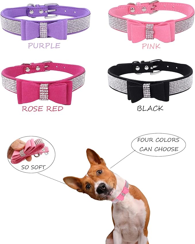 Rhinestone Dog Collar for Small Medium Large Dogs, Adjustable Leather Suede Bling Dog Collars，Diamond Bow Tie Puppy Collars for Boy and Girl.