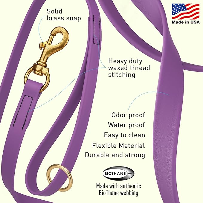 Viper Biothane K9 Working Dog Leash Waterproof Lead for Tracking Training Schutzhund Odor-Proof Long Line with Solid Brass Snap for Puppy Medium and Large Dogs 4ft, Amethyst Purple