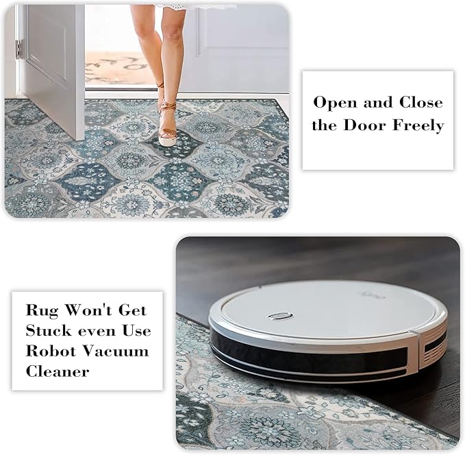 Lahome Moroccan Trellis Washable Round Rugs, Non-Slip Soft Round Rug 4ft Ultra-Thin, Small Vintage Circle Carpet for Entryway Kitchen Bedroom Nursery Bathroom, Blue
