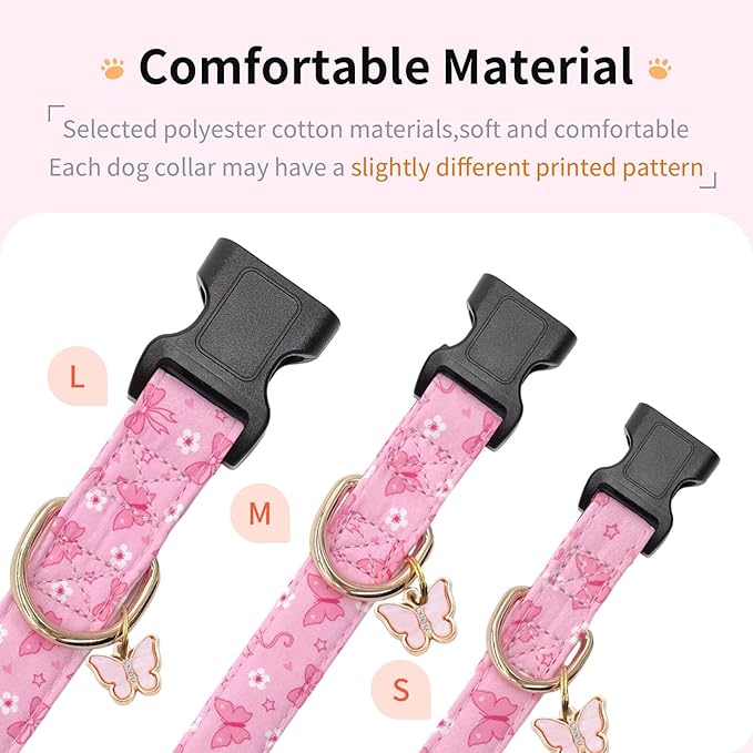 Cotton Dog Collar,Adjustable Cute Puppy Collar with Moon Patterned Design for Small Medium Large Dogs,Soft and Fancy Pet Collar with Safety Buckle for Girl Boy Dogs (Pink Butterfly, S)