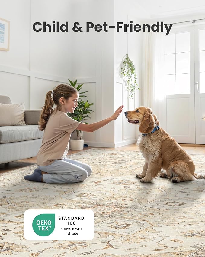 AMADA HOMEFURNISHING 4ft Area Rugs, Blue Low-Profile Washable Rug with Non-Slip Backing & Durable Edge Binding, Vintage Rugs for Living Room, Bedroom, Dinning Room