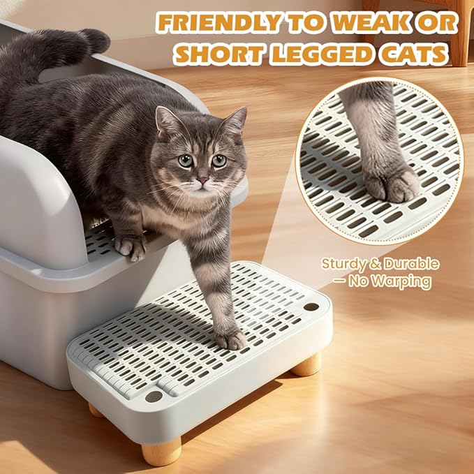 Pet Supplies Cat Litter Box Step Ramp with Wooden Base, Non-Slip Washable Step Pedal Stool, Anti-Tracking Catcher for Kitten and Elderly Cats