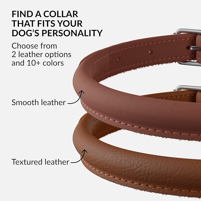CollarDirect Rolled Leather Dog Collar, Soft Padded Round Puppy Collar, Handmade Genuine Leather Collar Dog Small Large Cat Collars 13 Colors (15-18 Inch, Brown Smooth)