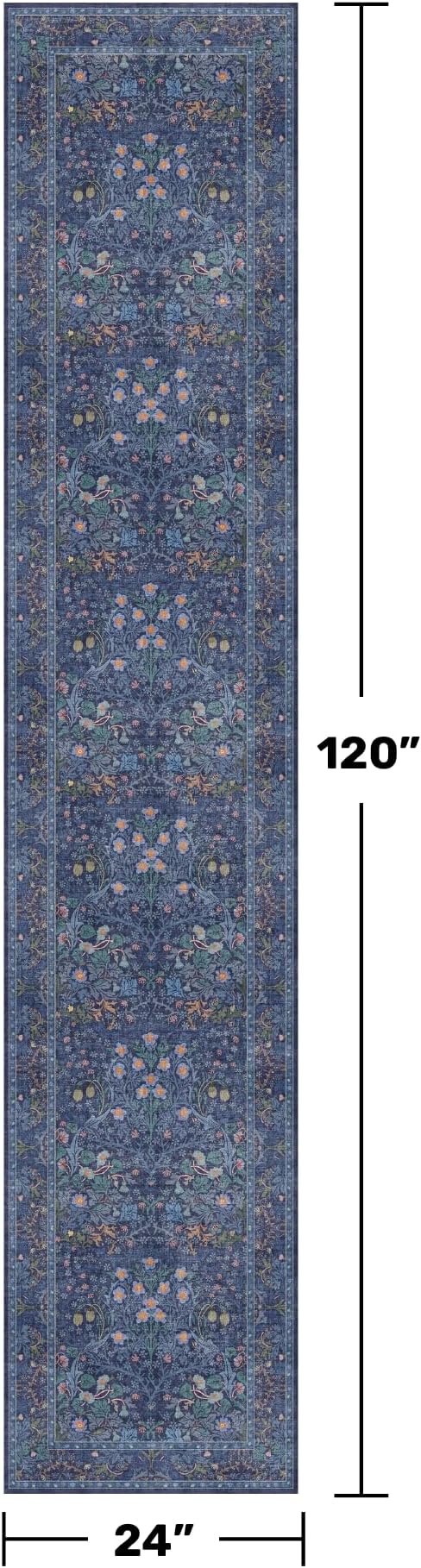 Non Slip 2x10 Dark Blue Hallway Runner - 10ft Long Runner Rugs, Washable Kitchen Floor Mat - Vintage Navy Floral Design Décor