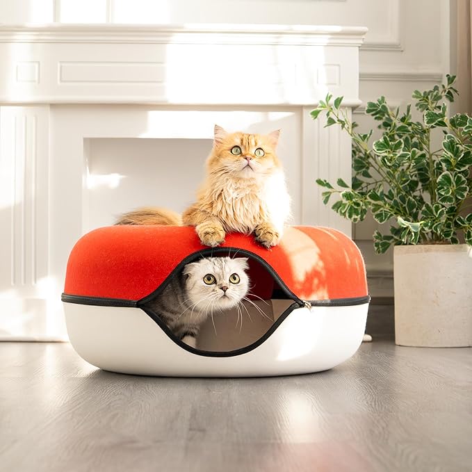 Cattasaurus Peekaboo Cat Cave, Extra Spacious for Multiple & Large Cats 12+ lbs, Scratch Detachable Cat Beds for Indoor Cats, Washable Tunnel Bed, Comfy Donut Tunnel (Ruby Snowball, Jumbo)