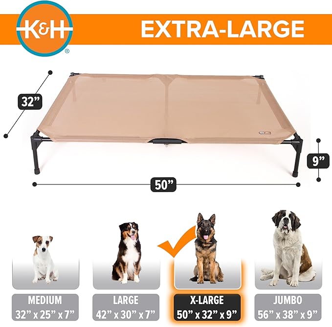K&H Pet Products Outdoor Elevated Dog Cot, Cooling Raised Bed with Waterproof Breathable Mesh for Large Dogs, Portable Pet Bed with Heavy-Duty Metal Frame, Oversized Hammock Style - Extra-Large Tan