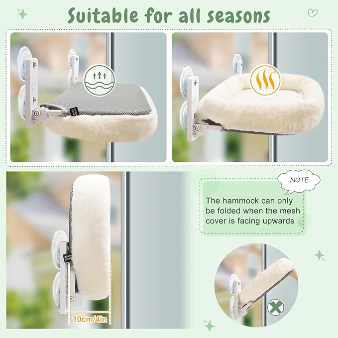 Sunhoo 2PCS Cat Window Perch Hammock Cordless Kitty Sunny Bed Seat Window Sill Shelf for Inside Cats Foldable Lounger with 4 Strong Suction Cups Soft Plush Cover 21*11.8 in Holds up to 40lbs (White)
