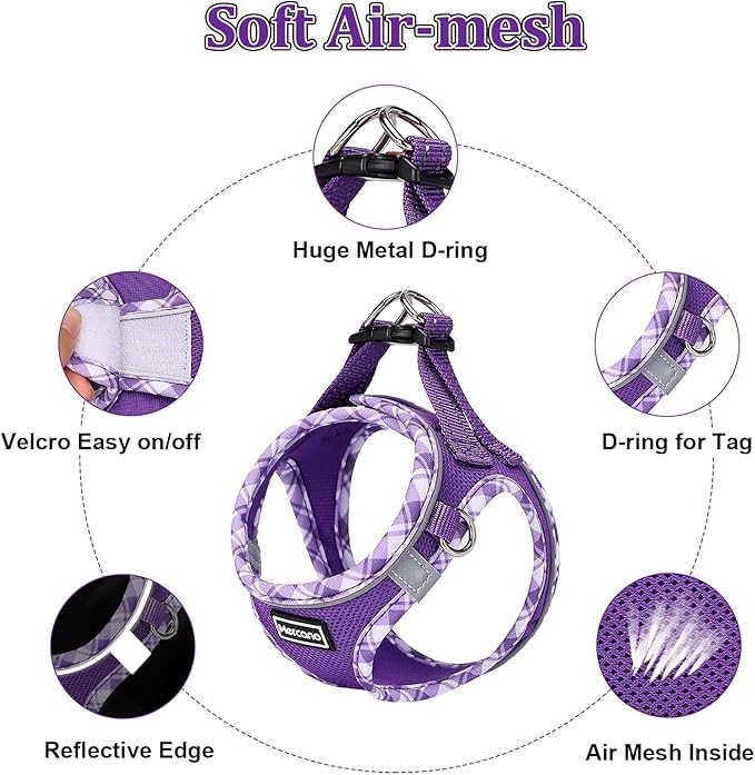 Mercano Soft Mesh Dog Harness and Leash Set, No-Chock Step-in Reflective Breathable Lightweight Easy Walk Vest Harnesses with Safety Buckle for Small Dogs, Cats (S, Purple)