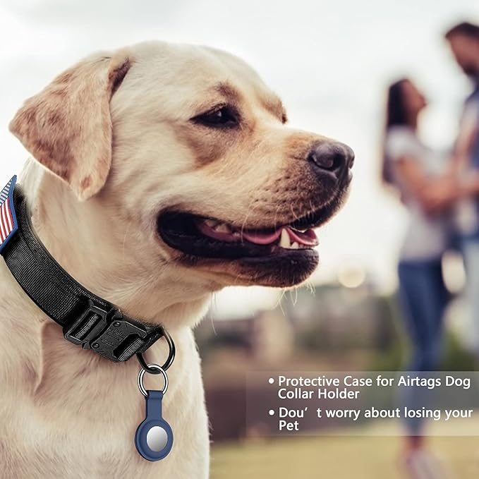 DAGANXI Tactical Dog Collar, Adjustable Military Training Nylon Dog Collar with Control Handle and Heavy Metal Buckle for Medium and Large Dogs, with Patches and Airtags Case (S, Black)