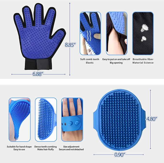 Cat & Dog Grooming Gloves - Dog Shampoo Brush & Deshedding Brush for Shedding, Gentle Pet Hair Remover & Massage Gloves for Cats, Dogs, All Fur Types (1 Brush +1 Pair Gloves)