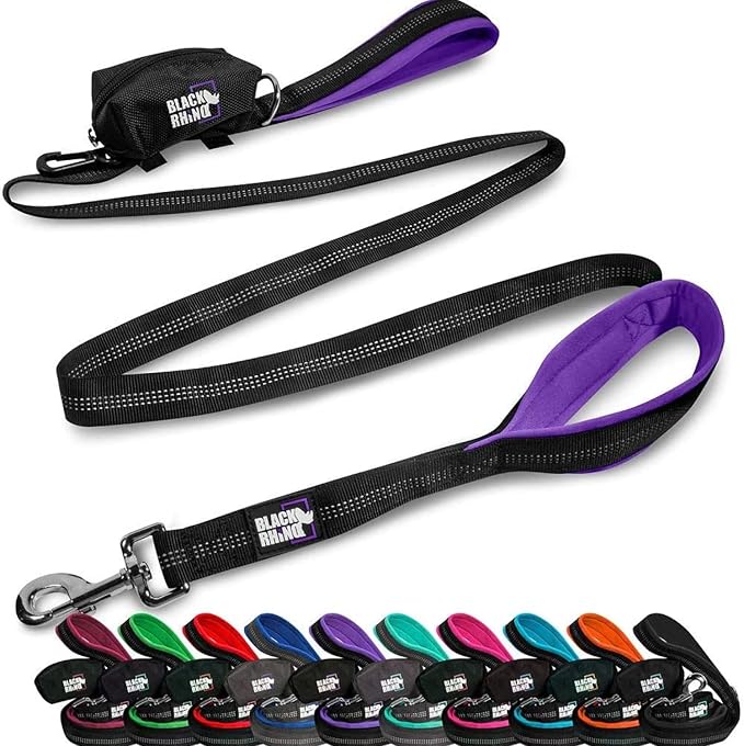 Black Rhino 6 ft Long Heavy Duty Dog Leash with Traffic Handle for Medium and Large Dogs - Padded Neoprene Dual Handles, Bag and Clip - Reflective, Durable, and Weather Resistant - Purple