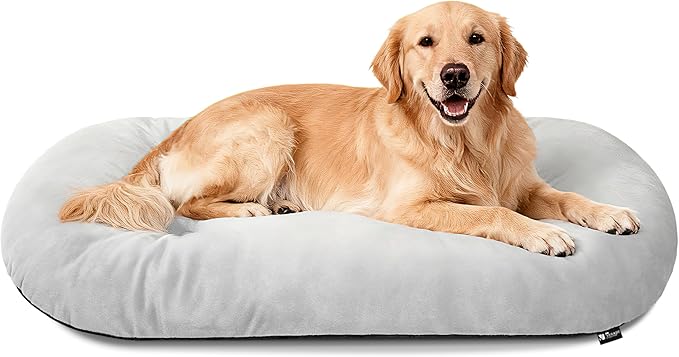 Washable Large Dog Bed for Medium & Large Breeds, Non-Slip Bottom & Plush Faux Silver Fox Fur Oval Cushion Pad for Big Dogs, Soft Mat for Crates, Light Grey, 41x27 Inch