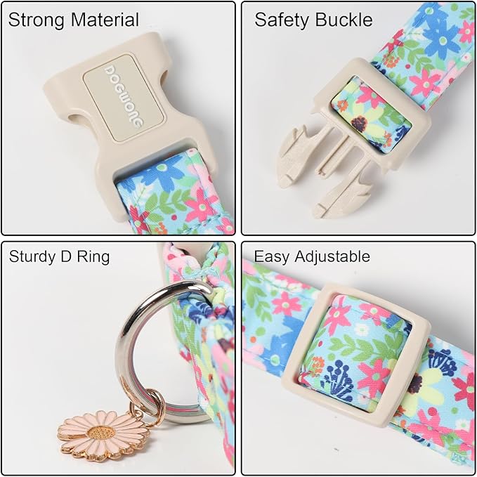DOGWONG Cute Flower Printed Collar for Small Medium Large Dogs - Blue Floral Dog Collar for Girl Female Boy Dogs,L