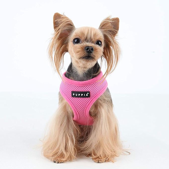 Puppia Soft Dog Harness No Choke Over-The-Head Triple Layered Breathable Mesh Adjustable Chest Belt and Quick-Release Buckle, Pink, Large