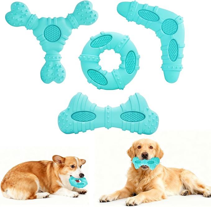 Dog Chew Toys 4 Pack, Dog Toys for Aggressive Chewers Small Medium Breed, Multifunctional Teeth Cleaning and Gum Massage, Natural Rubber Dog Toys for Puppy and Medium Dogs(Blue)