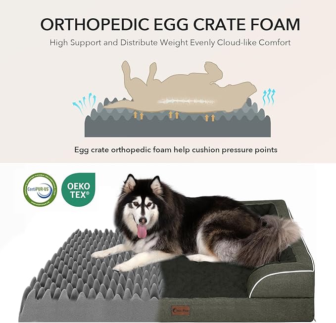 Orthopedic Dog Beds for Extra Large Sized Dogs, Waterproof Memory Foam XL Pet Bed with Sides 48x30Inch, Non-Slip and Egg-Crate Foam Big Dog Couch Bed with Removable Washable Cover, Dark Green