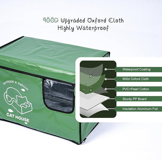 Indestructible Cat House Outdoor with Two-Sided Escape Door, Insulated and 100% Waterproof, Outside Weatherproof Feral Cat Shelter for Winter, Oxford Cloth Upgraded (Green, L)