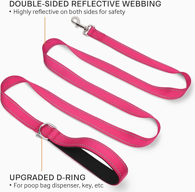 Joytale Dog Leash Heavy Duty for Small Medium Dogs, 6 FT Reflective Nylon Pet Walking Lead with Soft Padded Handle, Durable & Tangle Free for Training, Running & Safety Control, Hotpink
