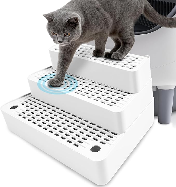 Adjustable 3 Steps Cat Litter Box Step, Litter Box Ramp with Filter Function, Non-Slip, Easy to Clean,Cat Litter Stair for Small & Elderly Cats (White)