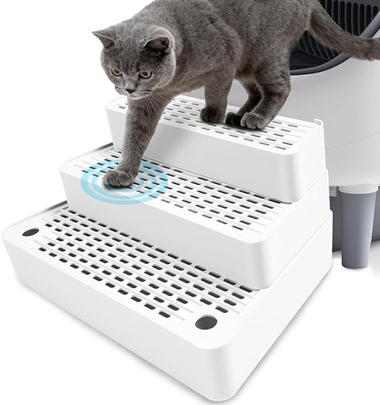 Adjustable 3 Steps Cat Litter Box Step, Litter Box Ramp with Filter Function, Non-Slip, Easy to Clean,Cat Litter Stair for Small & Elderly Cats (White)