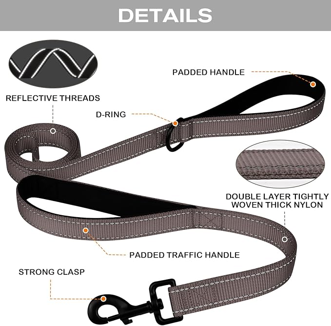 Joytale Dog Leash Heavy Duty for Large Dogs That Pull, Double Handle for Traffic Control, Double-Sided Reflective Leashes for Large Medium Dogs Night Safety, 5FT, Brown