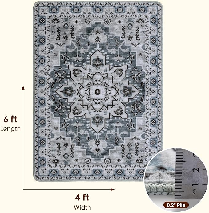 LBRO2M Boho 4X6 Rug Washable Rugs for Bedroom Non Slip Indoor Carpet, Soft Low Piles Rug Foldable Rugs for Living Room Pet Friendly Area Rugs Stain Resistant (4'X6' Dusty Blue)