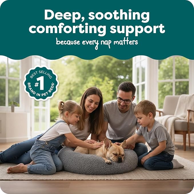 Furhaven 30" Round Calming Donut Dog Bed for Medium/Small Dogs, Refillable w/ Removable Washable Cover, For Dogs Up to 45 lbs - Shaggy Plush Long Faux Fur Donut Bed - Gray, Medium