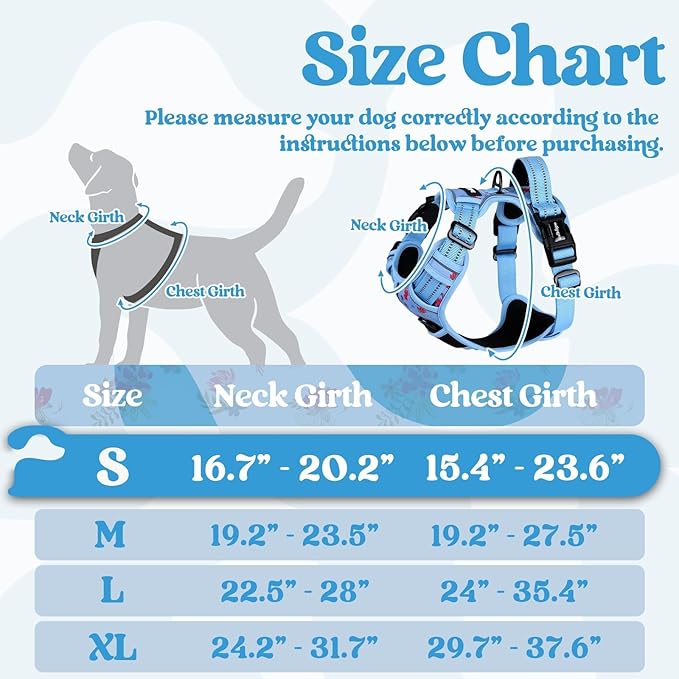 rabbitgoo Dog Harness Small Sized, No Pull Pet Harness with 3 Buckles, Adjustable Soft Padded Vest with Control Handle, Walking Reflective Pet Vest for Small Dogs, Floral Blue, S