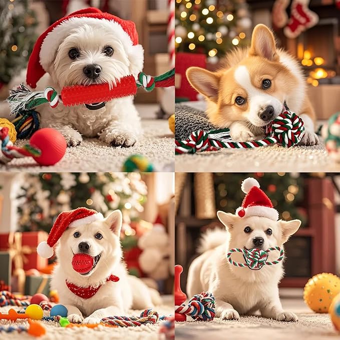 Beiker Christmas Dog Toys Bulk 15 Pack, Puppy Chew Toys for Teething Small Medium Puppies, Holiday Christmas Themed Presents Gifts Box Including Variety Tough Rubber and Rope Toys