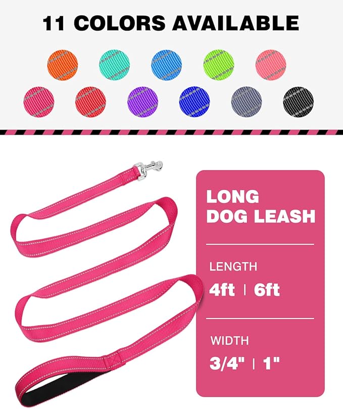 Reflective Dog Leash 4ft Soft Padded Handle Nylon Lead for Small & Medium Dogs, Durable Walking Training Leash for Night Safety (Hotpink,3/4Inch Wide)
