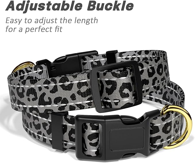 Reflective Dog Collar for Extra Small Dogs Cats, Cute Leopard Style Adjustable Heavy-Duty Nylon Puppy Collar for Boy and Girl Female, Soft Pet Accessories with Quick Release Buckle, Gray