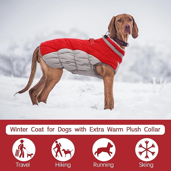 FUAMEY Dog Coat for Large Dogs,Waterproof Dog Winter Jacket with Harness Built in Puppy Cold Weather Coats Reflective Pet Vest with Zipper Warm Fleece Dogs Snowsuit Windproof Red XXXL